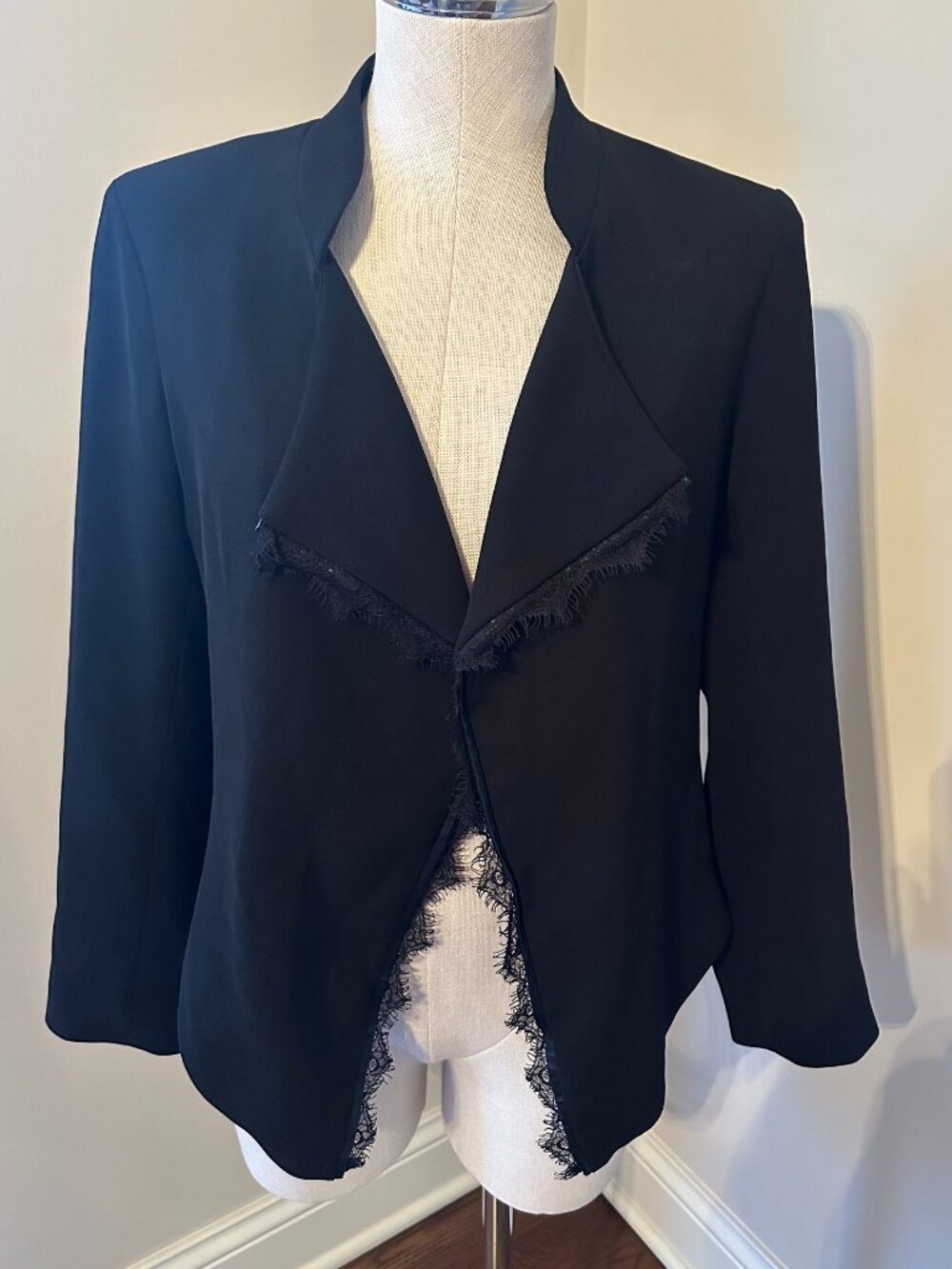 Elevenses Anthropologie Black Dimmet Drape Eyelash Lace Trim Blazer Jacket SizeM